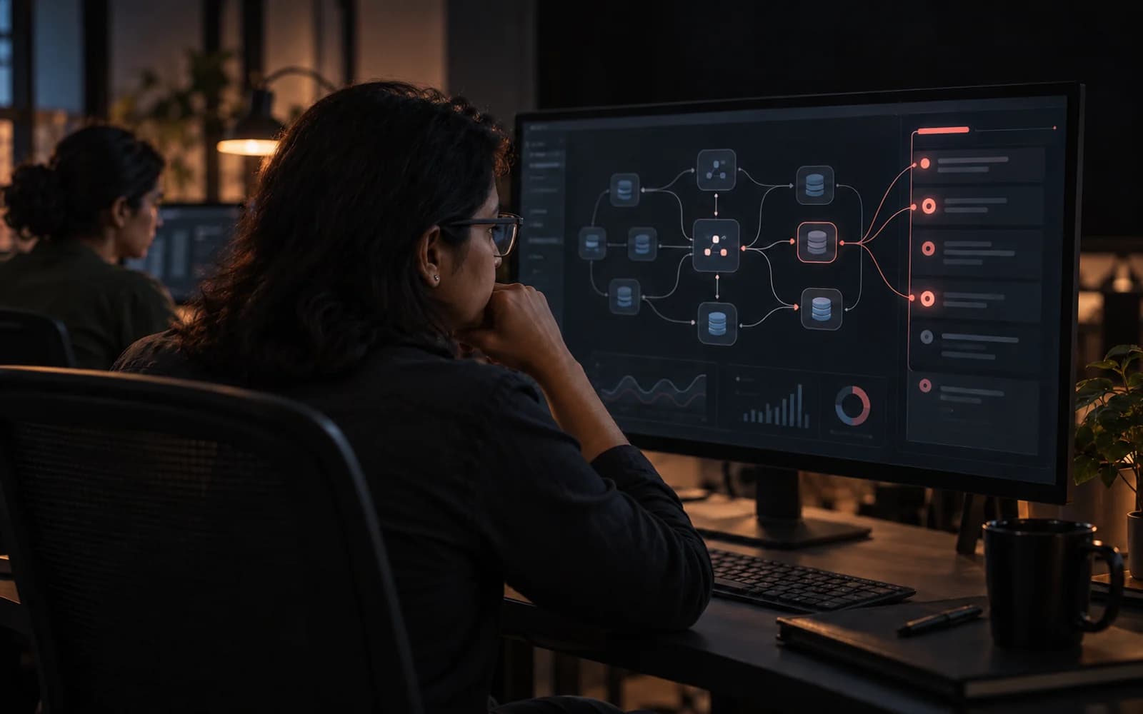 An engineer reading architecture feedback linked to highlighted nodes