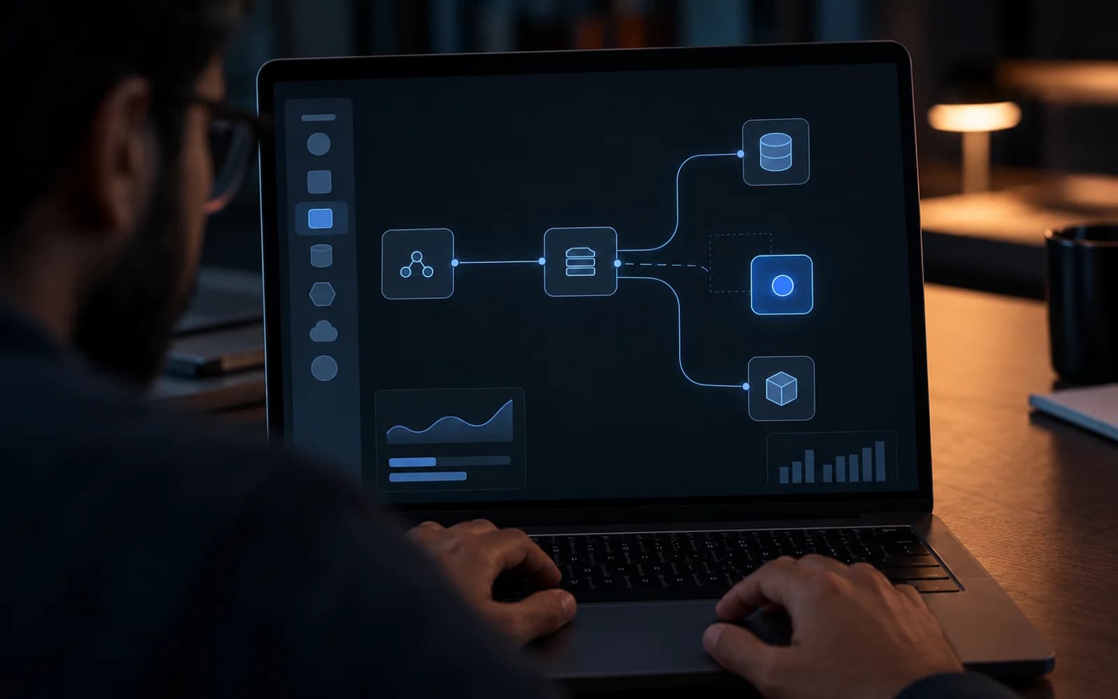 Hands on a trackpad connecting service nodes on a dark architecture canvas