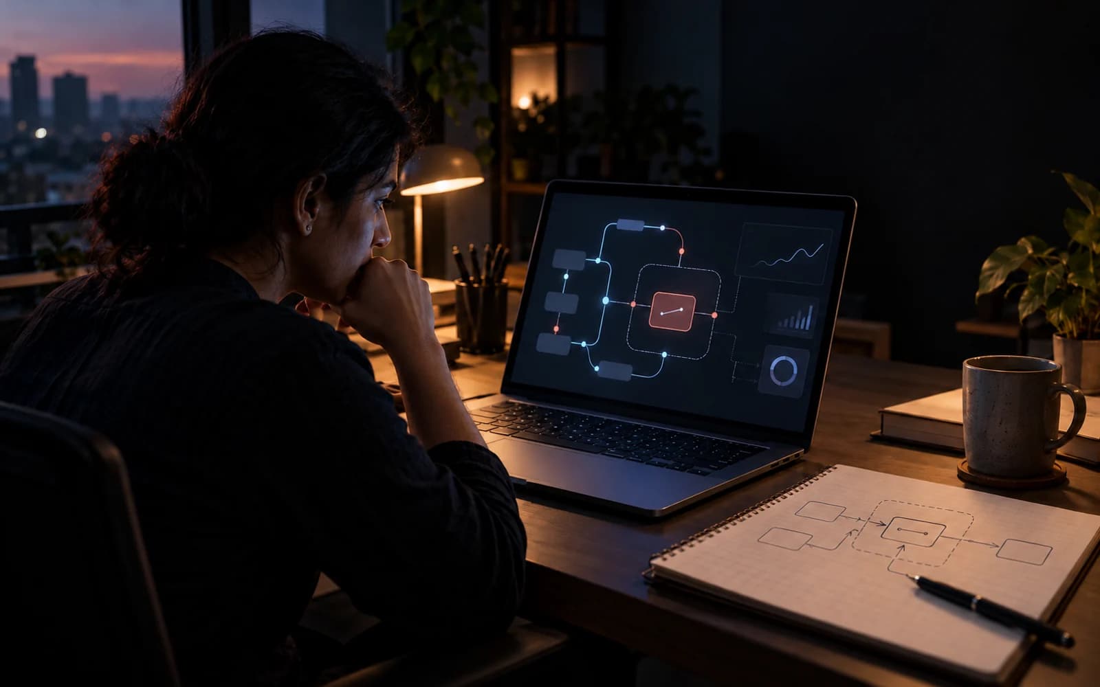 An engineer studying a lesson diagram beside a notebook at dusk