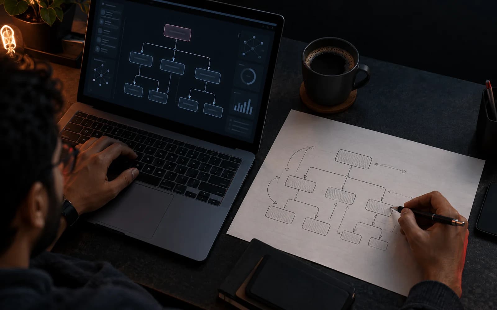 A class diagram on a laptop beside a matching pencil sketch
