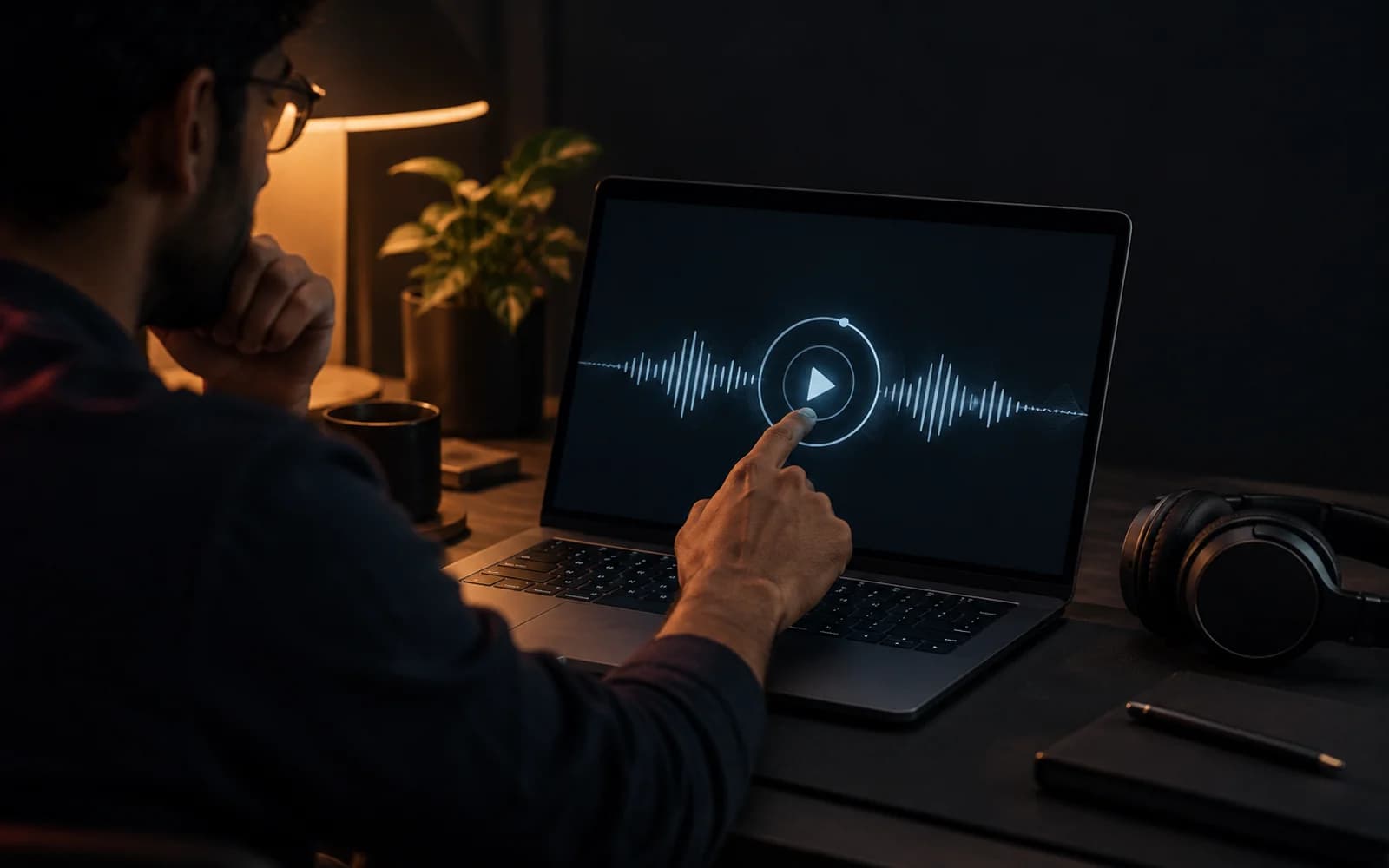 A hand ready to start a voice interview beside headphones and a laptop