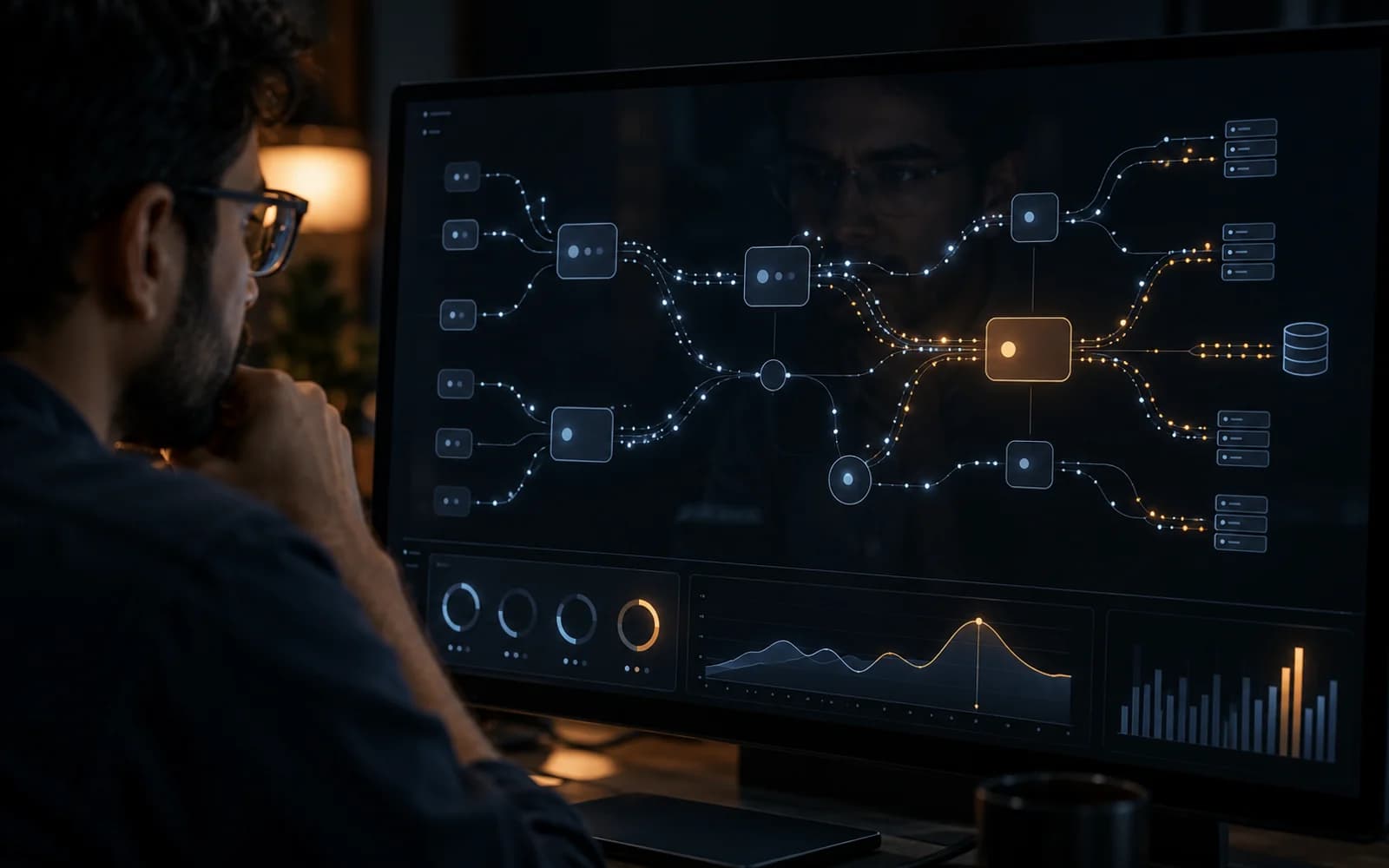 A live architecture simulation with flowing traffic, gauges and a latency chart