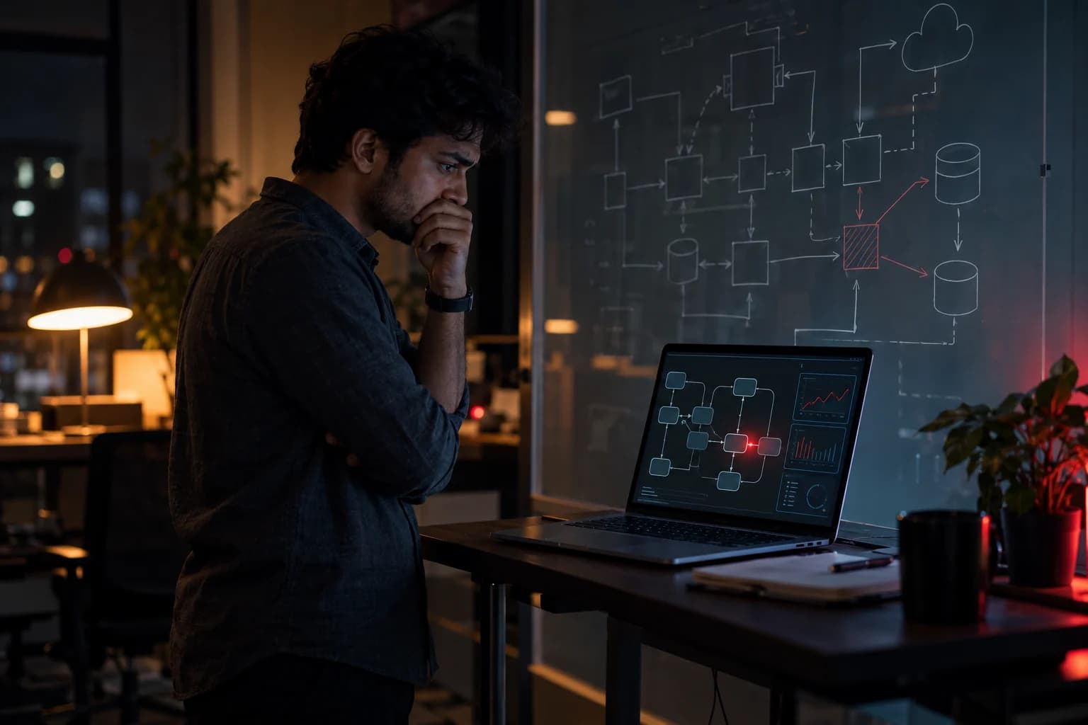 An engineer comparing a whiteboard design with a red overloaded node on a laptop