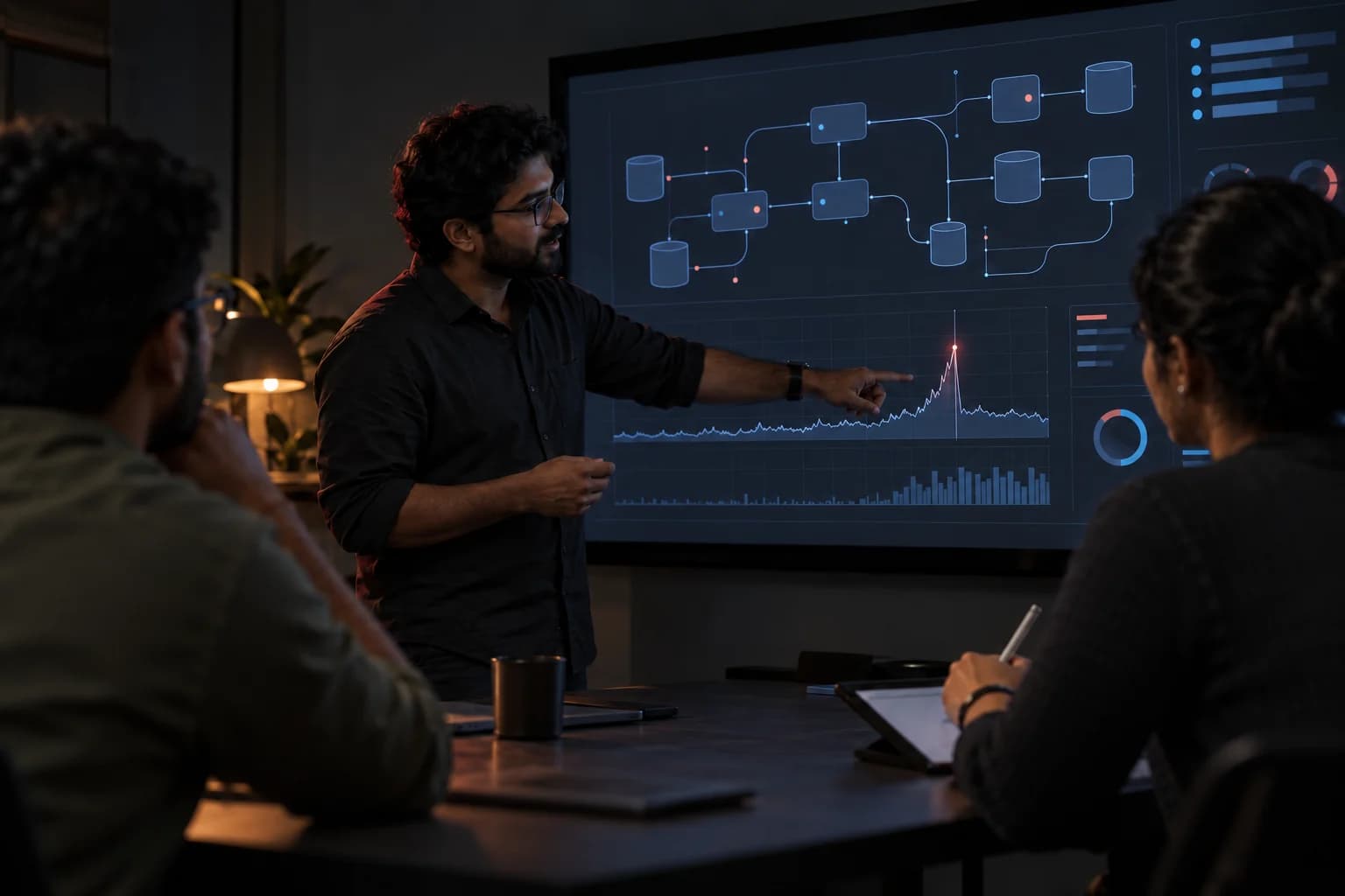 Three engineers reviewing a latency spike and its architecture in a dark meeting room