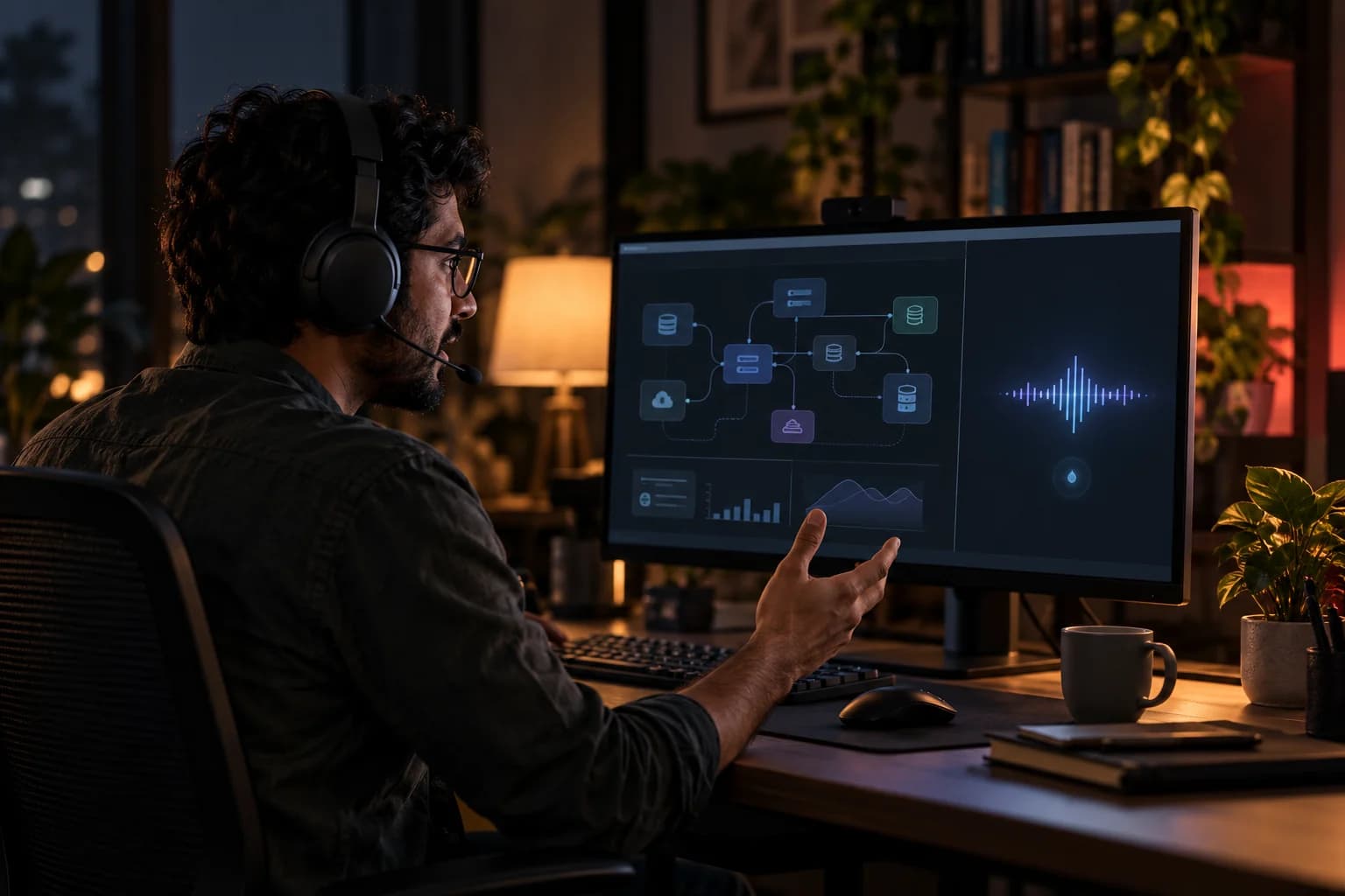 An engineer with a headset explaining a design beside a voice waveform at home